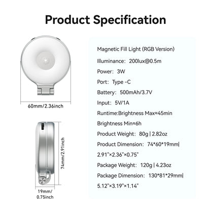TELESIN Magnetic 360° Rotation RGB Fill Light Mini Selfie Light 3 Mode Adjustable Color Brightness for Smartphone Iphone Android