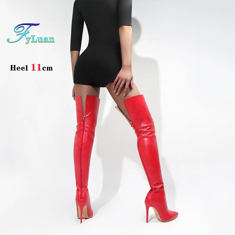 Size 34-48 White Boots For Woman Spring Autumn Stiletto Heels Back Zipper Pointed Toe Thigh Boots Over Knee T Show Shoes 11CM