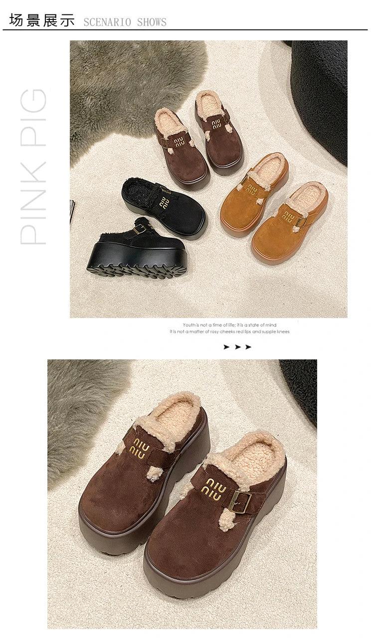 Platform High Heels Slippers Women Suede Mules Shoes Fur Warm Wedges Flip Flops 2025 Winter New Snow Boots Fashion Zapatos Mujer