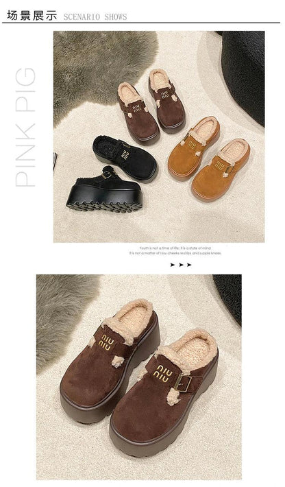 Platform High Heels Slippers Women Suede Mules Shoes Fur Warm Wedges Flip Flops 2025 Winter New Snow Boots Fashion Zapatos Mujer
