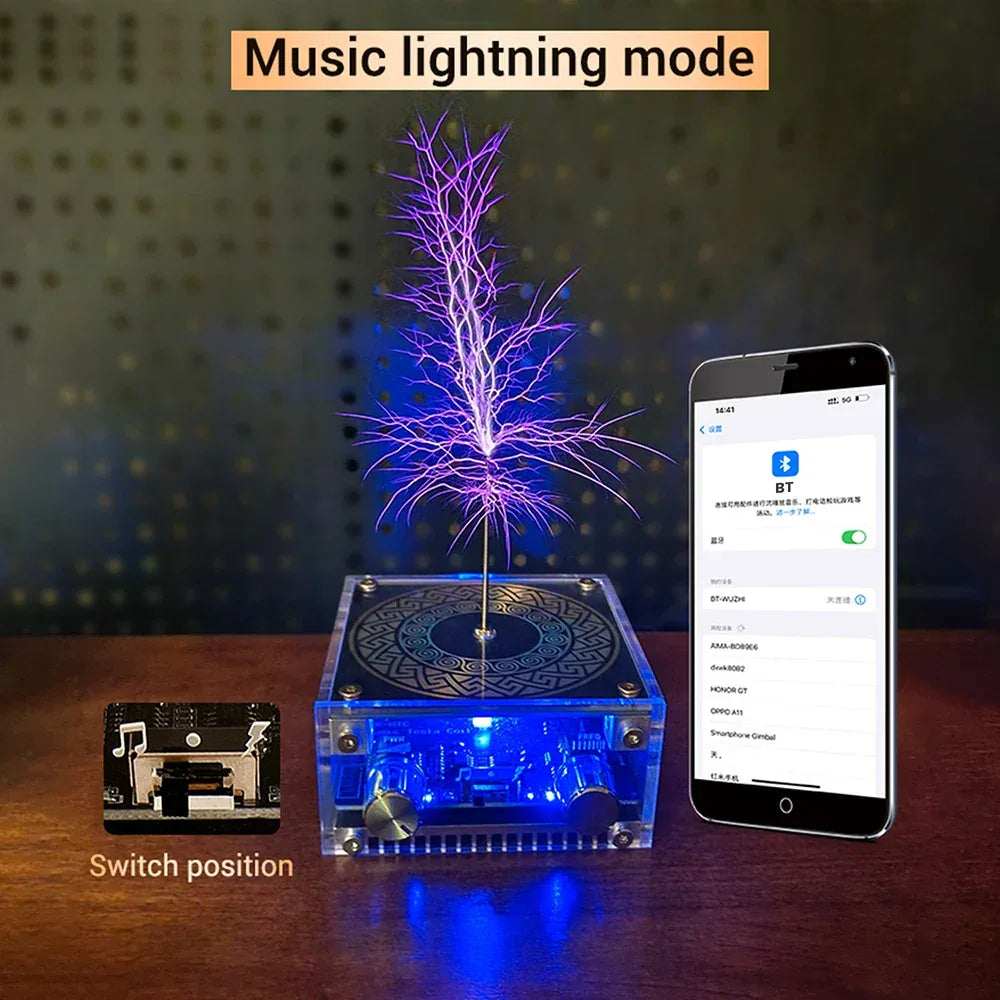 Mini Tesla Coil with Bluetooth Music Sync Adjustable Arc Length Touchable Safe Low-Voltage Design RGB Light Show