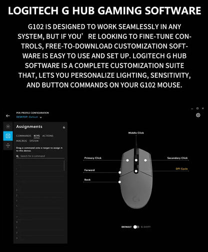 Logitech G102 Wired Gaming Mouse Adjustable DPI 16.8M RGB Colors Mechanical Buttons Ergonomic Design for Competitive Gamers