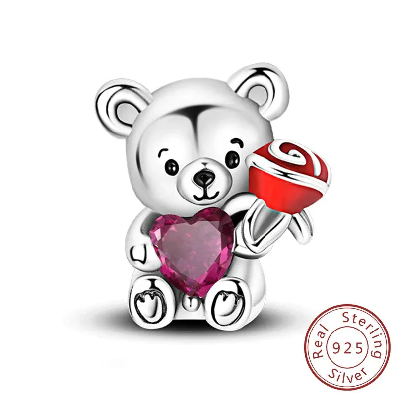 925 Silver Valentine's Day Charms Bead Sparkling Sweet Heart Rose Bear Charm Fit Original Bracelet Bangle Woman DIY Jewelry Gift