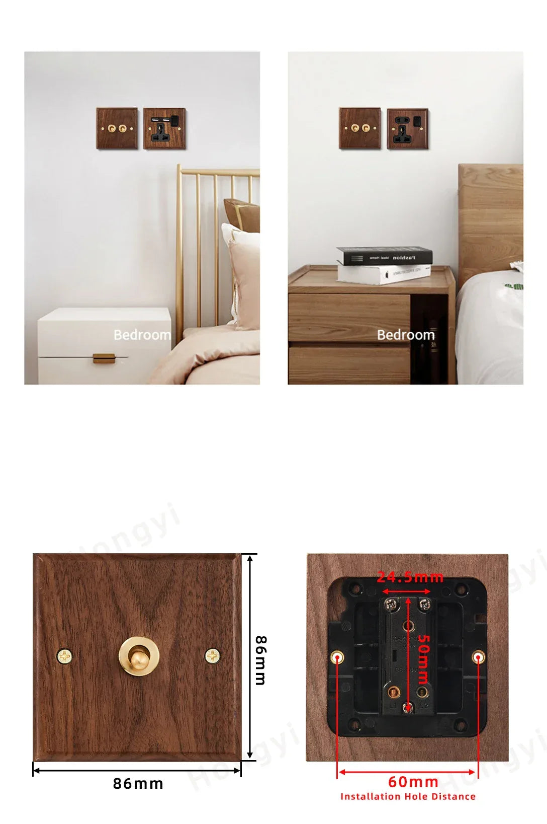 Black walnut retro European retro wall lamp switch socket, solid wood brass toggle switch board 1-4Gang 2Way antique home switch