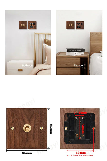 Black walnut retro European retro wall lamp switch socket, solid wood brass toggle switch board 1-4Gang 2Way antique home switch