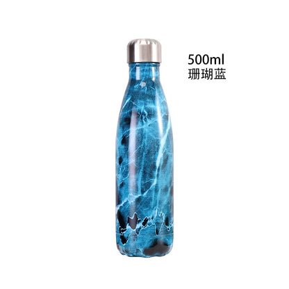 500ml Cola Shape Insulated Bottle, 304 Stainless Steel Vacuum Flask, Marble/Print Portable Water Bottle