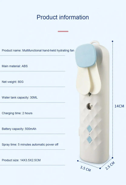 2 In 1 Portable Fan Humidifier USB Rechargeable Handheld Fan Water Spray Fan Face Steamer Air Conditioner Cooling Fan