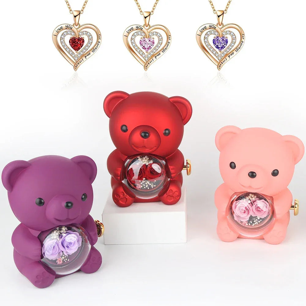 Cute Teddy Bear Design Jewelry Box for Girlfriend, Wife, Mother's Day, Birthday, Valentine's Day Surprise Heart Necklace