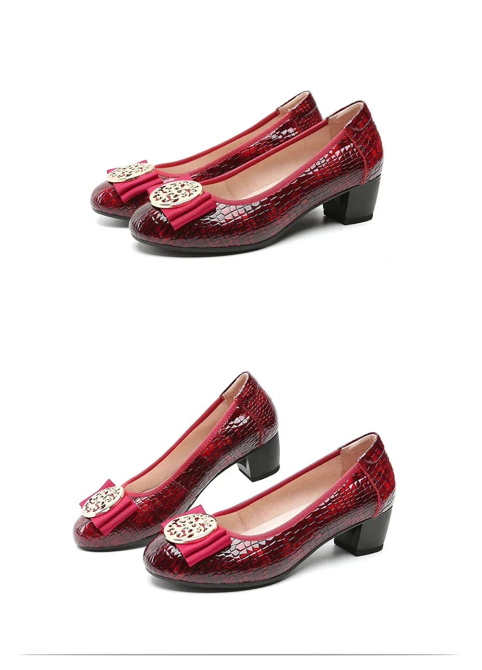 Spring and Autumn Boat Shoes Genuine Leather Soft Sole Mid-Heel Shoes Bow Heels Ladies Women Womens Round Toe Slip-on Women's 42