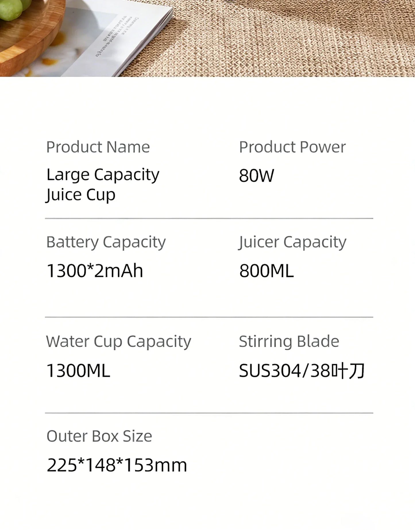 1300ML USB Rechargeable Portable Juicer, 46 Blades Fresh Fruit Mixer, Multifunctional Ice Crusher Smoothie Blender for Home