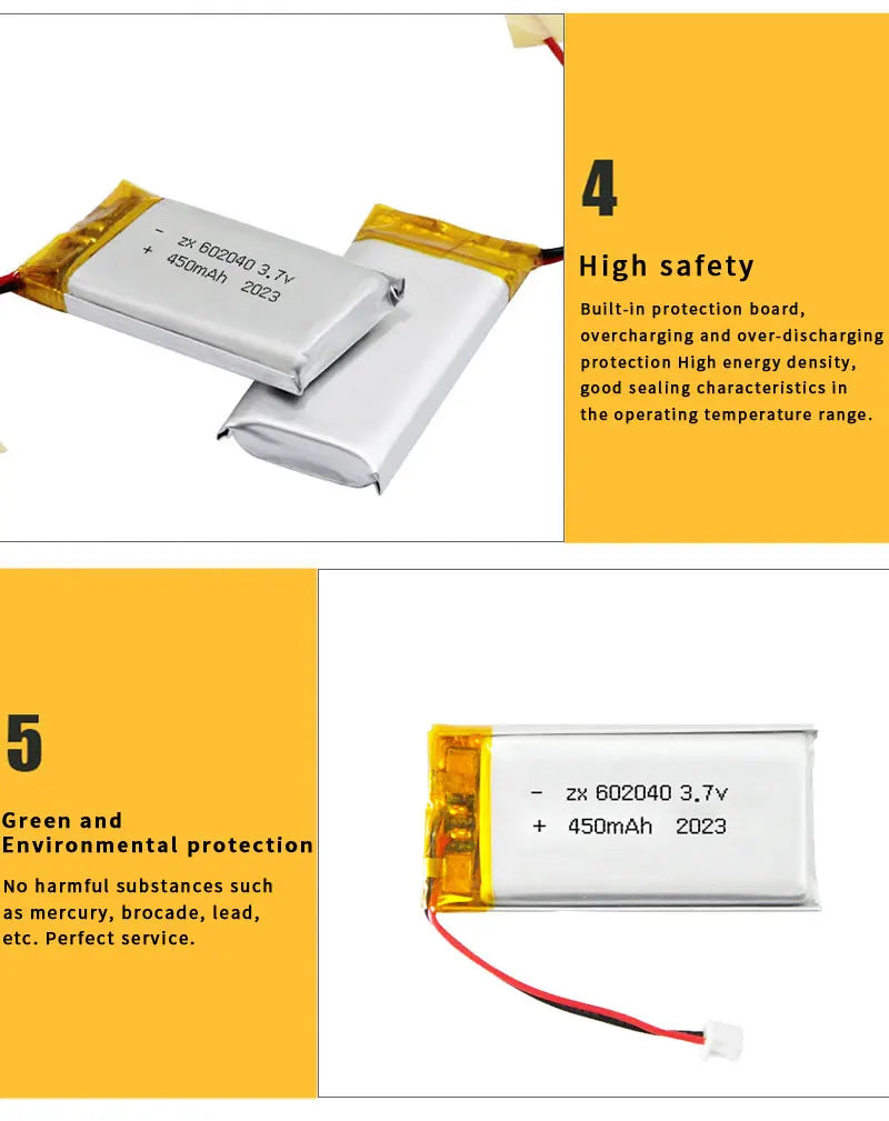 602040 Li Po Battery 3.7V Lithium Batteries 450mAh Lipo Rechargeable Cell for Smart Wearable Walkie Talkie GPS PSP Game Console
