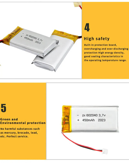 602040 Li Po Battery 3.7V Lithium Batteries 450mAh Lipo Rechargeable Cell for Smart Wearable Walkie Talkie GPS PSP Game Console