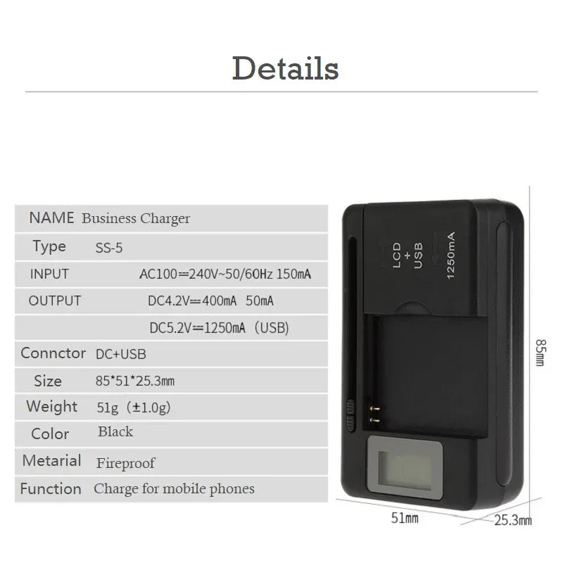 Mobile Battery Charger Universal LCD Indicator Screen USB-Port For Cell Phone Chargers 32-55mm Battery Charging US UK EU Plug