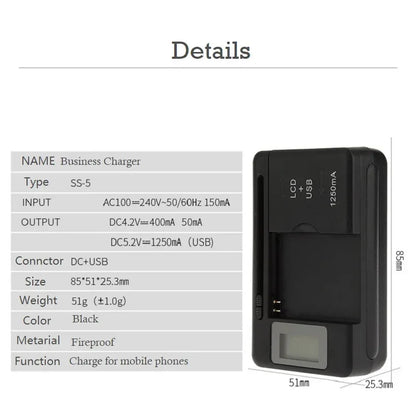 Mobile Battery Charger Universal LCD Indicator Screen USB-Port For Cell Phone Chargers 32-55mm Battery Charging US UK EU Plug