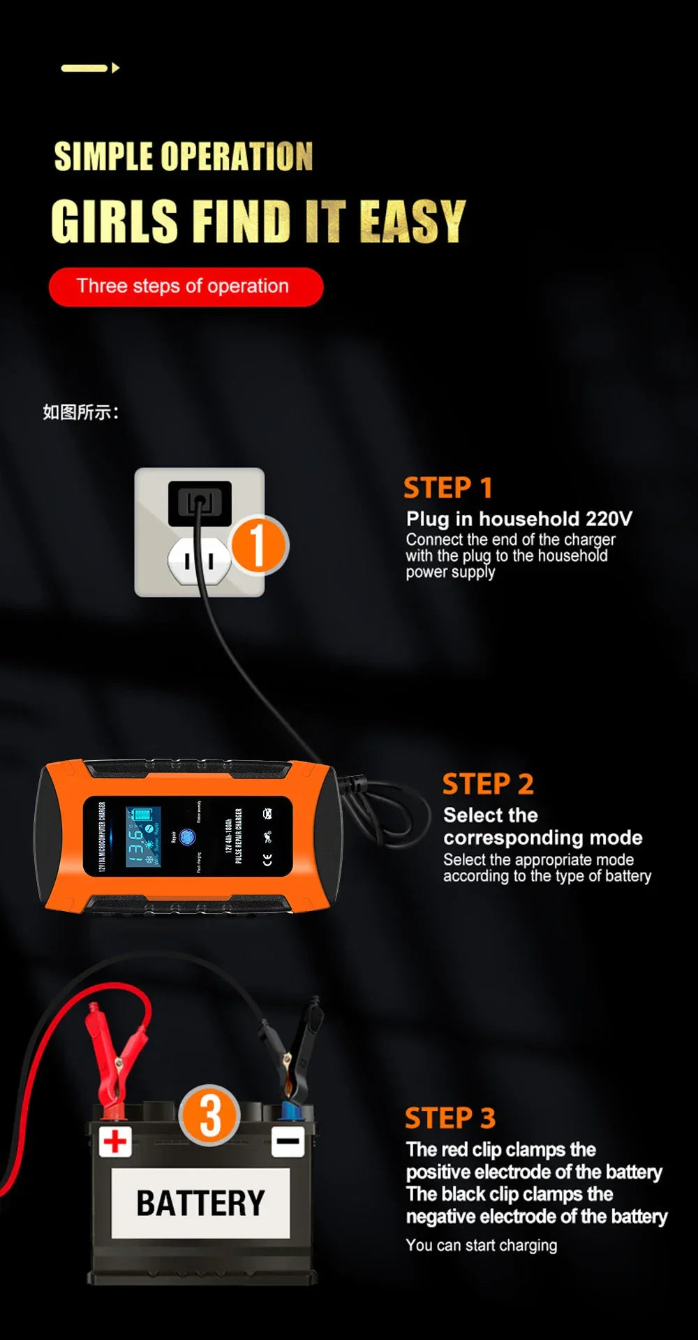 Pulse Repair Car Battery Charger 12V Output Current 10A Max Digital Display Summer Winter Mode Lead-Acid Battery Charger