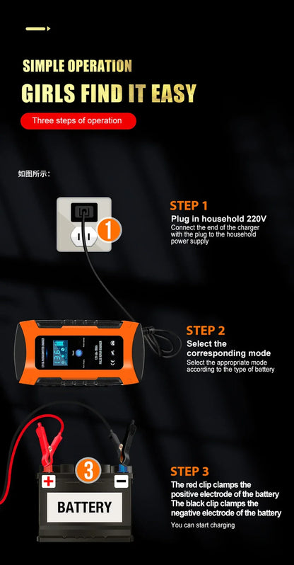 Pulse Repair Car Battery Charger 12V Output Current 10A Max Digital Display Summer Winter Mode Lead-Acid Battery Charger