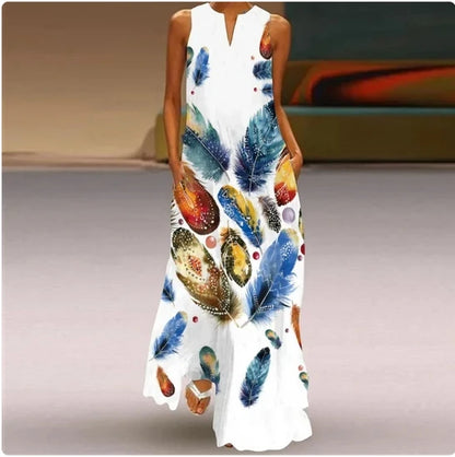 Sleeveless Feather Printed Dress Bohemian Vest Dresses Trendy Beach Casual Loose Robe Colorful Summer