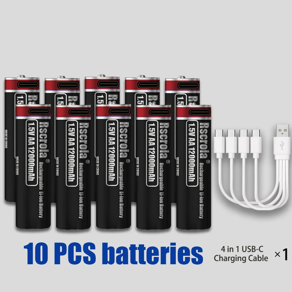 2026 Hot Rechargeable Battery Lithium-ion 1.5V AA1200mAh Rechargeable Battery 1.5V AAA6800mAh Battery with USB-C Cables