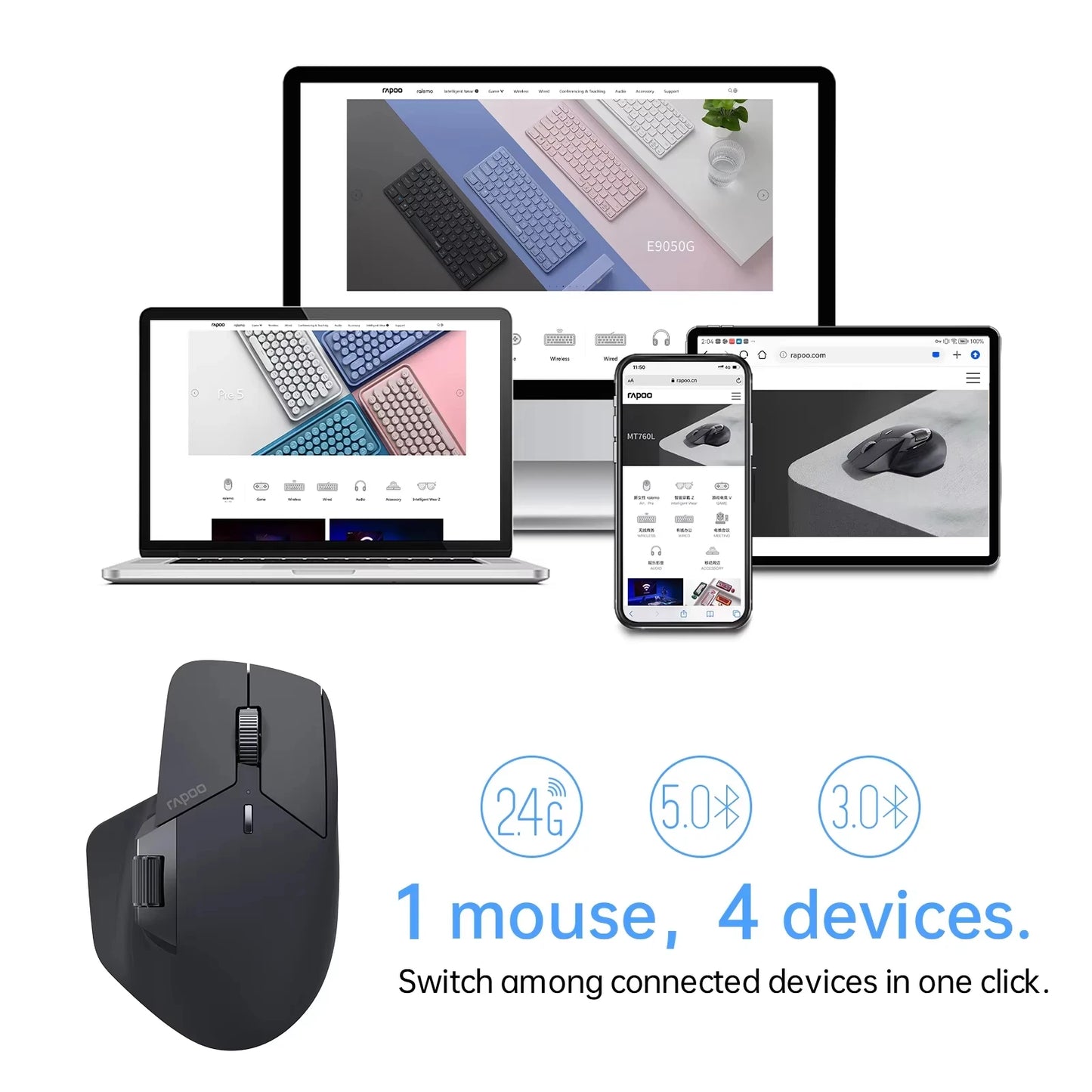 Rapoo MT760 Rechargeable Multi-mode Wireless Mouse Ergonomic 3200 DPI Easy-Switch Up to 4 Devices Bluetooth Mouse Office Mice