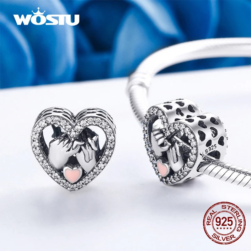 WOSTU Real 925 Sterling Silver Heart Pendents Gifts Charms Beads Fit Original DIY Bracelet Necklace Mother's Day Jewelry for Mom