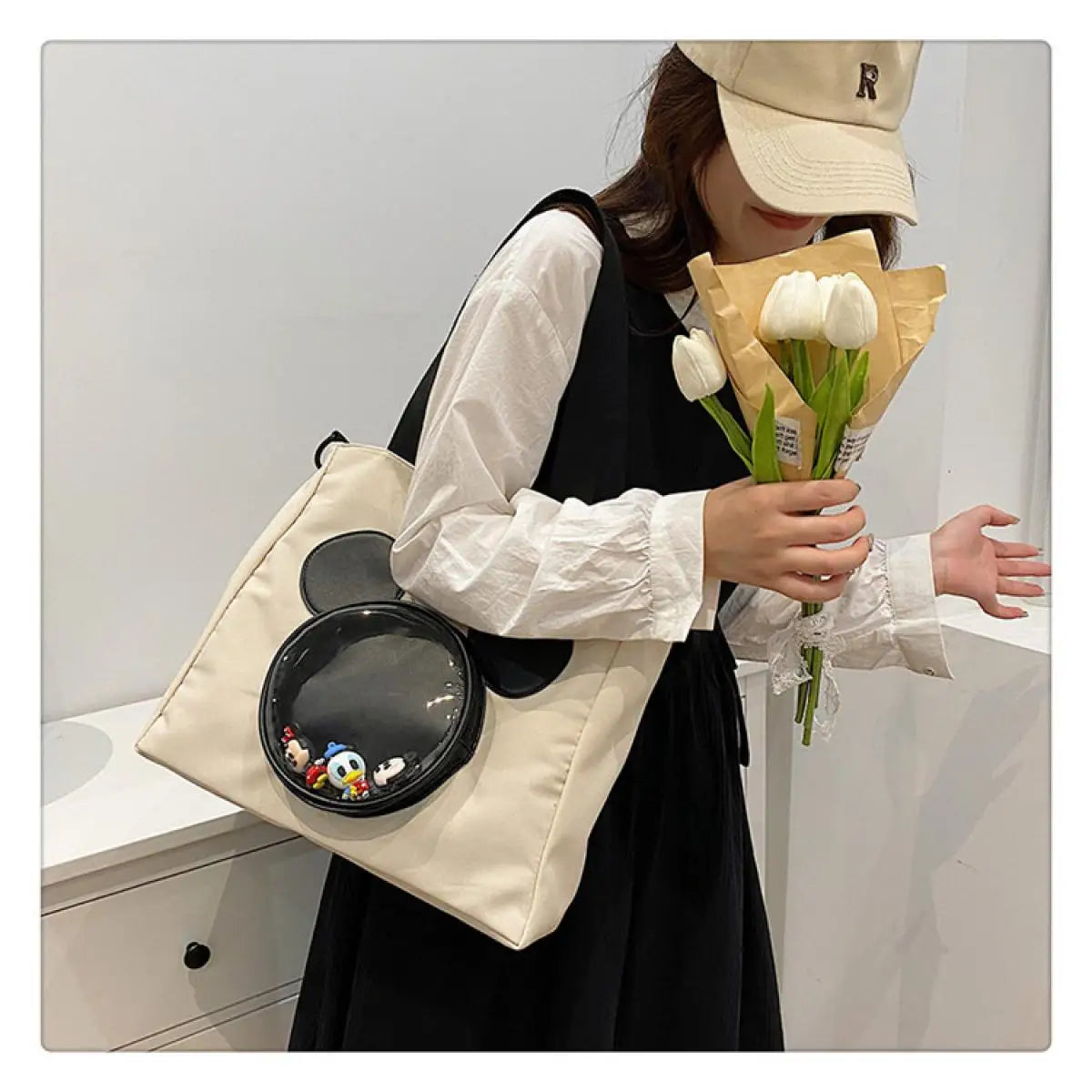 Cute Cartoon Mickey Portable Tote Fashion Canvas Outside To Carry Shopping Bags Tide Shoulder Diagonal Bag