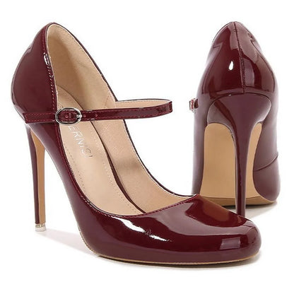 Women Patent Leather High Thin Heel Shoes Ankle Strap Women Pumps for Office Nightclub Party Wedding Cross Dressing Wide Shoes