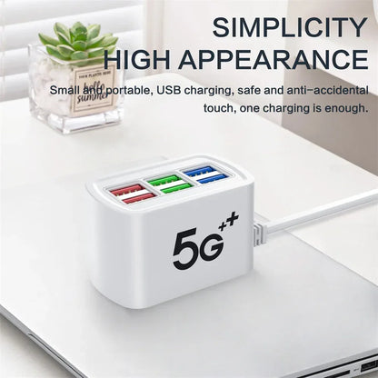Fast Charging Desktop Power Strip 6-in-1 USB Charger Station with 1M Cord Quick Charge for iPhone 16 17 Samsung Xiaomi Huawei