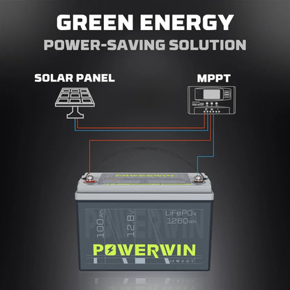 POWERWIN BT100 12.8V 100Ah 1280Wh LiFePO4 Battery 4000+Deep Cycle Rechargeable Built-in BMS Grade A Cell Solar Power Inverter