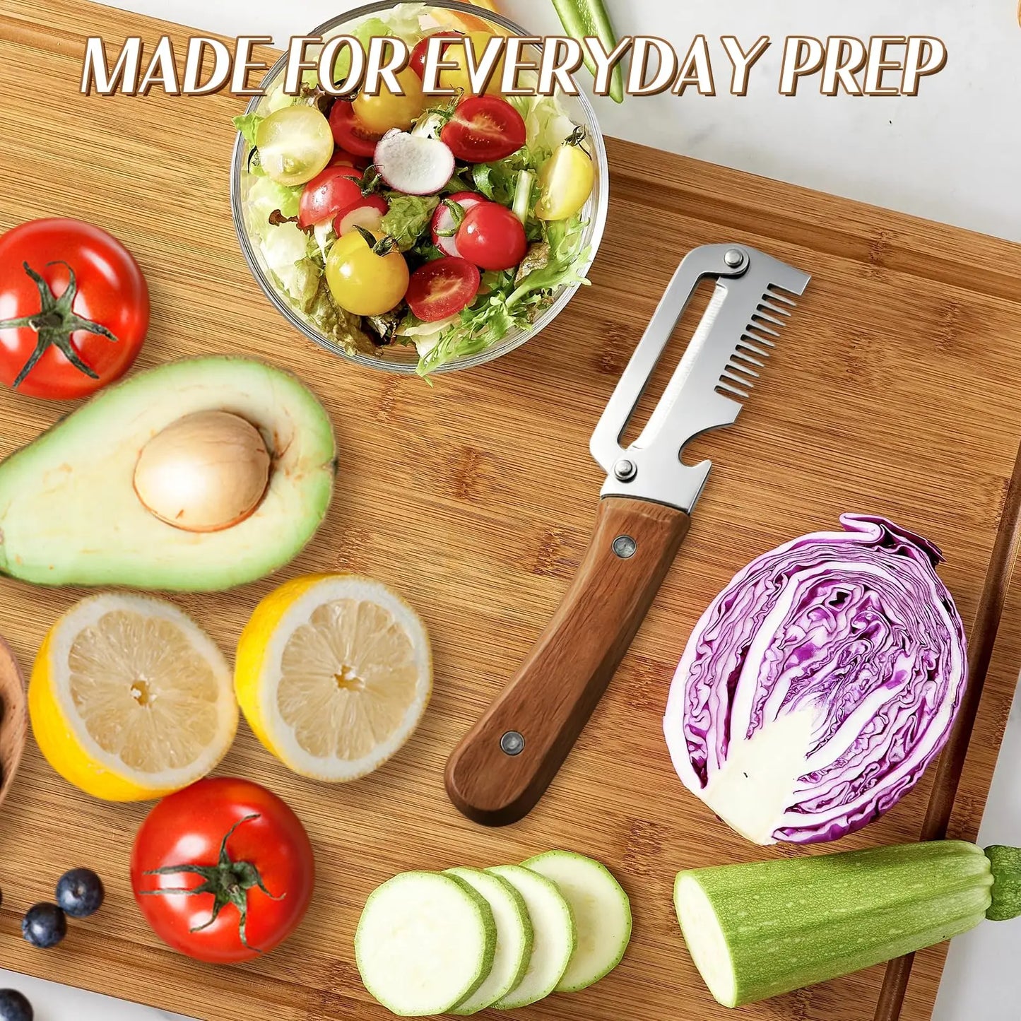 3-in-1 Vegetable Peeler with Wooden Handle and Bottle Opener, Multi-Functional Vegetable Peeler for Kitchen, Gadgets Tool