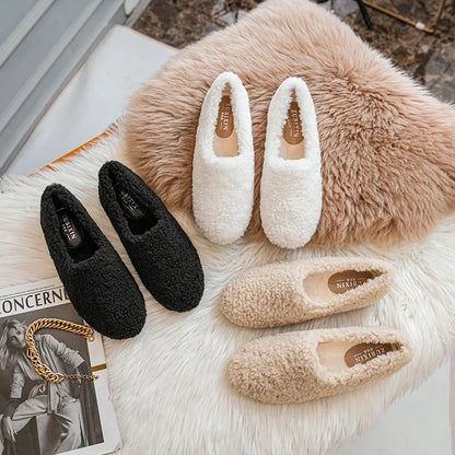 Big Size 43 Women Lambswool Slippers Winter Sheep Fur Shoes Ladies Flat Cotton Slides Home Pantuflas Daily Slip On Furry Mules