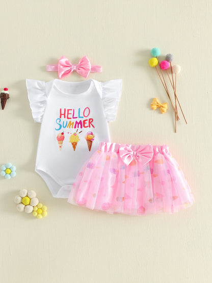 3Pcs Infant Girl Outfit Crew Neck Flying Sleeve Summer Themed Ice Cream Print Romper Tulle Skirt Headband Set
