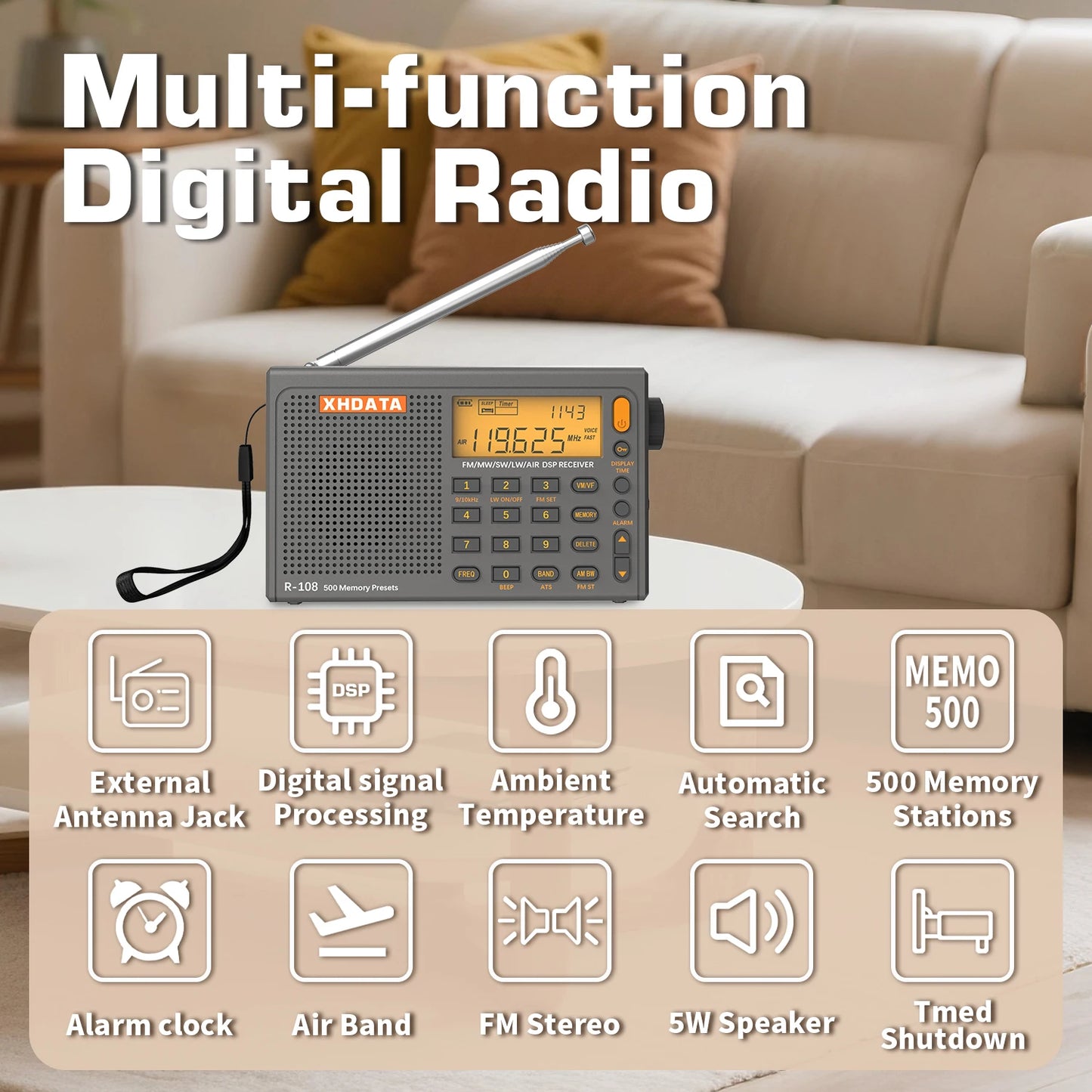 XHDATA R-108 Digital Portable Radio Stereo FM LW SW MW Full-Band Radio DSP Radio Receiver Multi-Function Rechargeable Radio