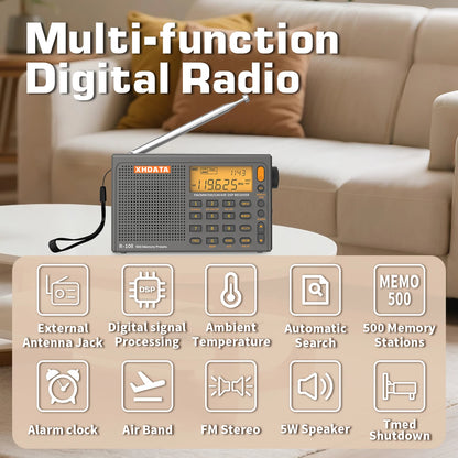 XHDATA R-108 Digital Portable Radio Stereo FM LW SW MW Full-Band Radio DSP Radio Receiver Multi-Function Rechargeable Radio