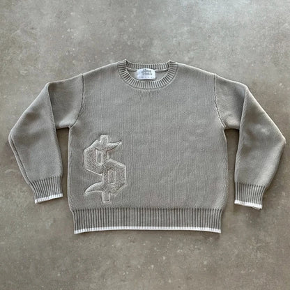 Round Neck Knitted Loose Pullover Oversized Men Full Sleeve Sweater Gothic Embroidery Daily Street Commute Y2k Outfits