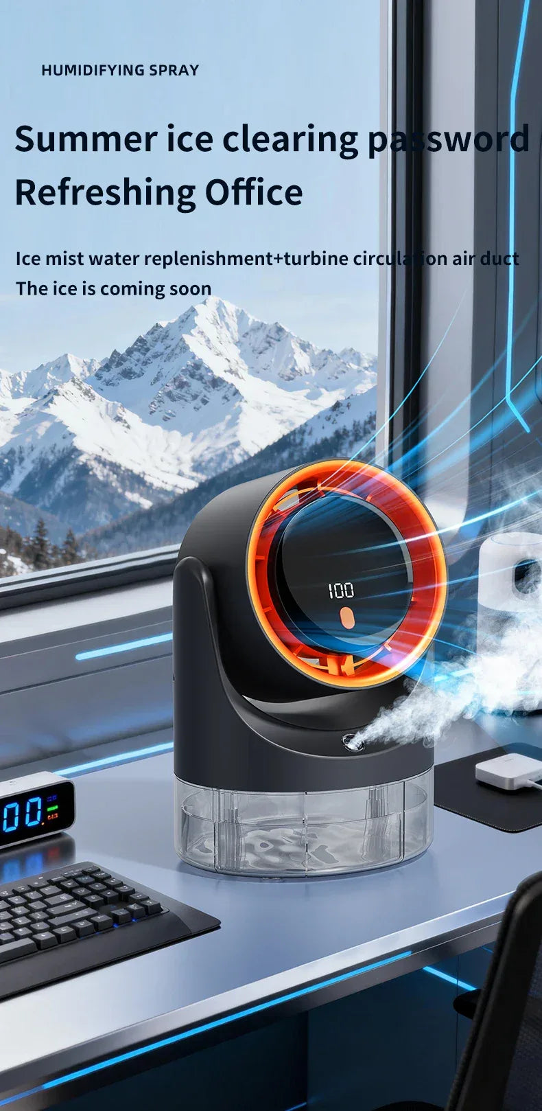 TINSOL New Compact Mini Electric Fan with Single-Hole Mist Air Conditioner Ice-Cool Humidifying Circulating Fan 360° Adjustable