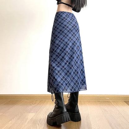 Women Spring Autumn Plaid Print Wrap Hips Skirts Fashion Ankle-Length Sexy Slim Pencil Skirts Preppy Style Girls Slit Midiskirt