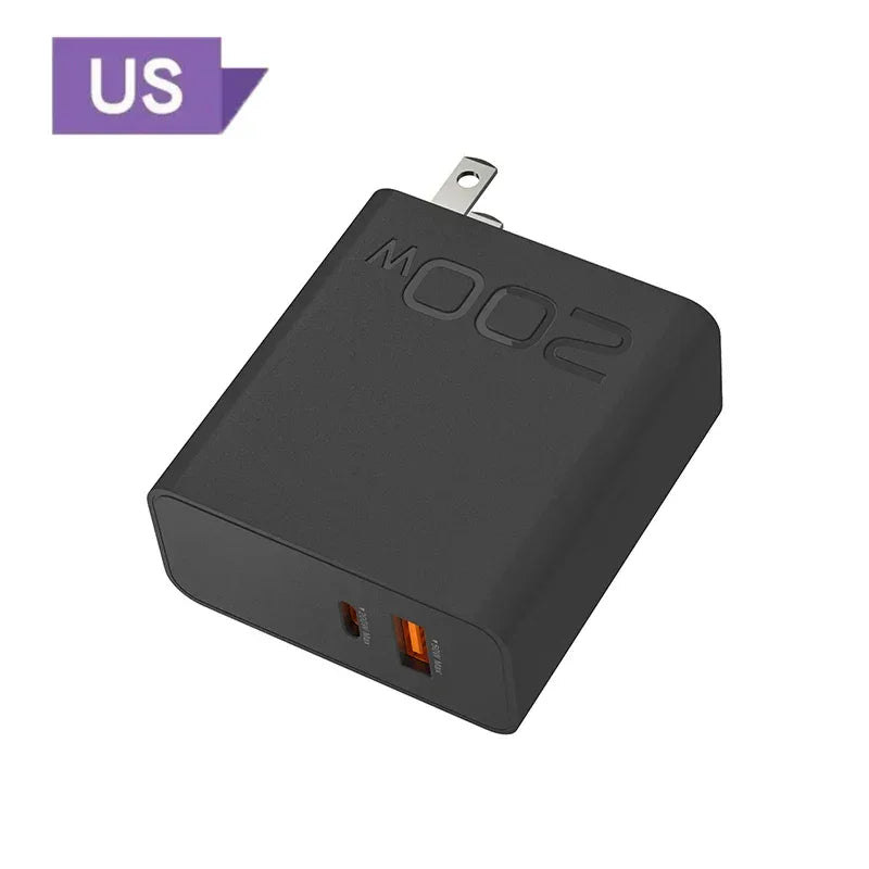 New 200W Ultra Fast Charger USB PD 2-In-1 Type C Fast GaN Phone Charger For Iphone Huawei Samsung Xiaomi Oppo  EU US Plug ﻿
