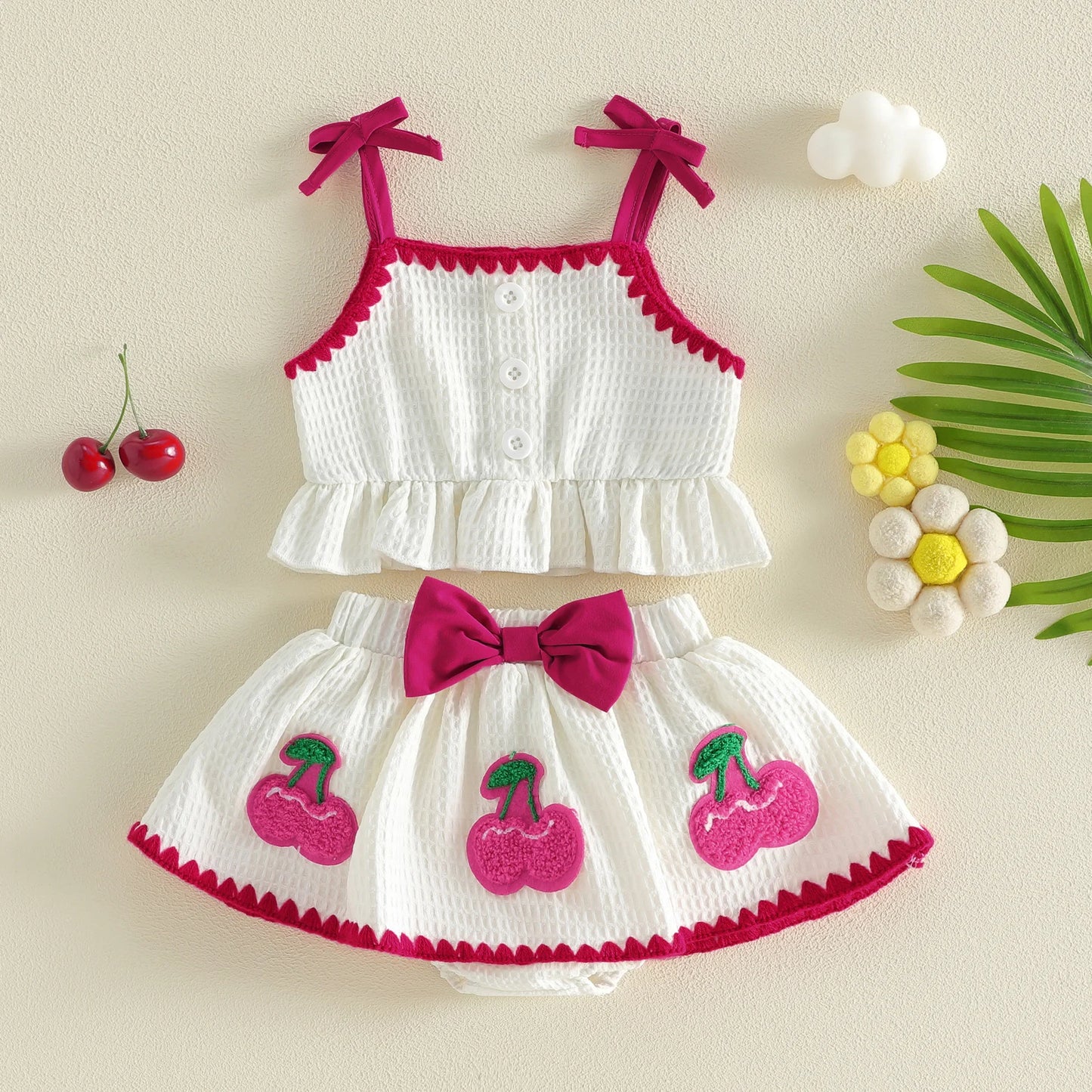 Sweet Baby Girl Summer Outfit Contrast Trim Ruffled Hem Cami Tops Cherry Applique Bow Skorts 2 Piece Girls Set