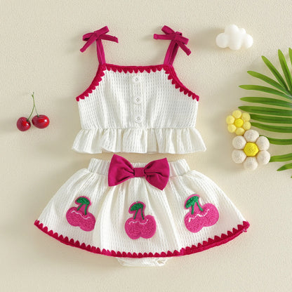 Sweet Baby Girl Summer Outfit Contrast Trim Ruffled Hem Cami Tops Cherry Applique Bow Skorts 2 Piece Girls Set