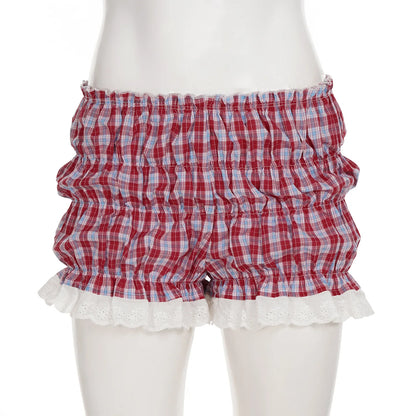 HLJ&GG White Knit Letter Fashion Y2K Outfits Women O Neck Sleeveless Slim Crop Top + Lace Plaid Shorts Two Piece Sets Streetwear