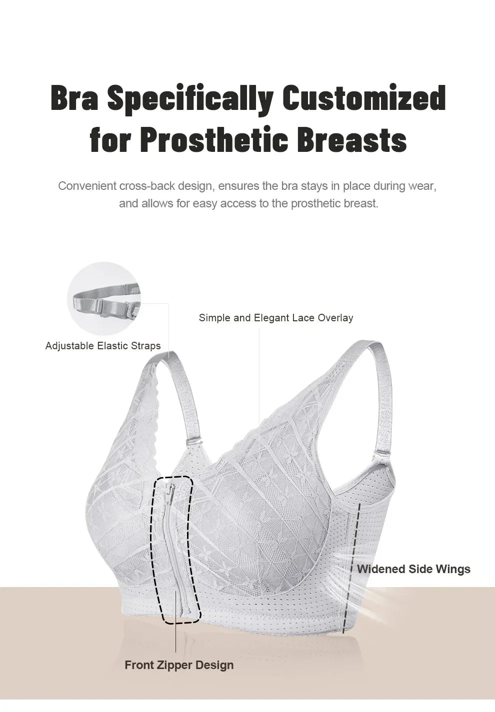 LERVANLA 2566 Strong Breathability Mastectomy Bra Women with Pocket Breast Form Pads Included Adjustable Cotton Comfort  Large