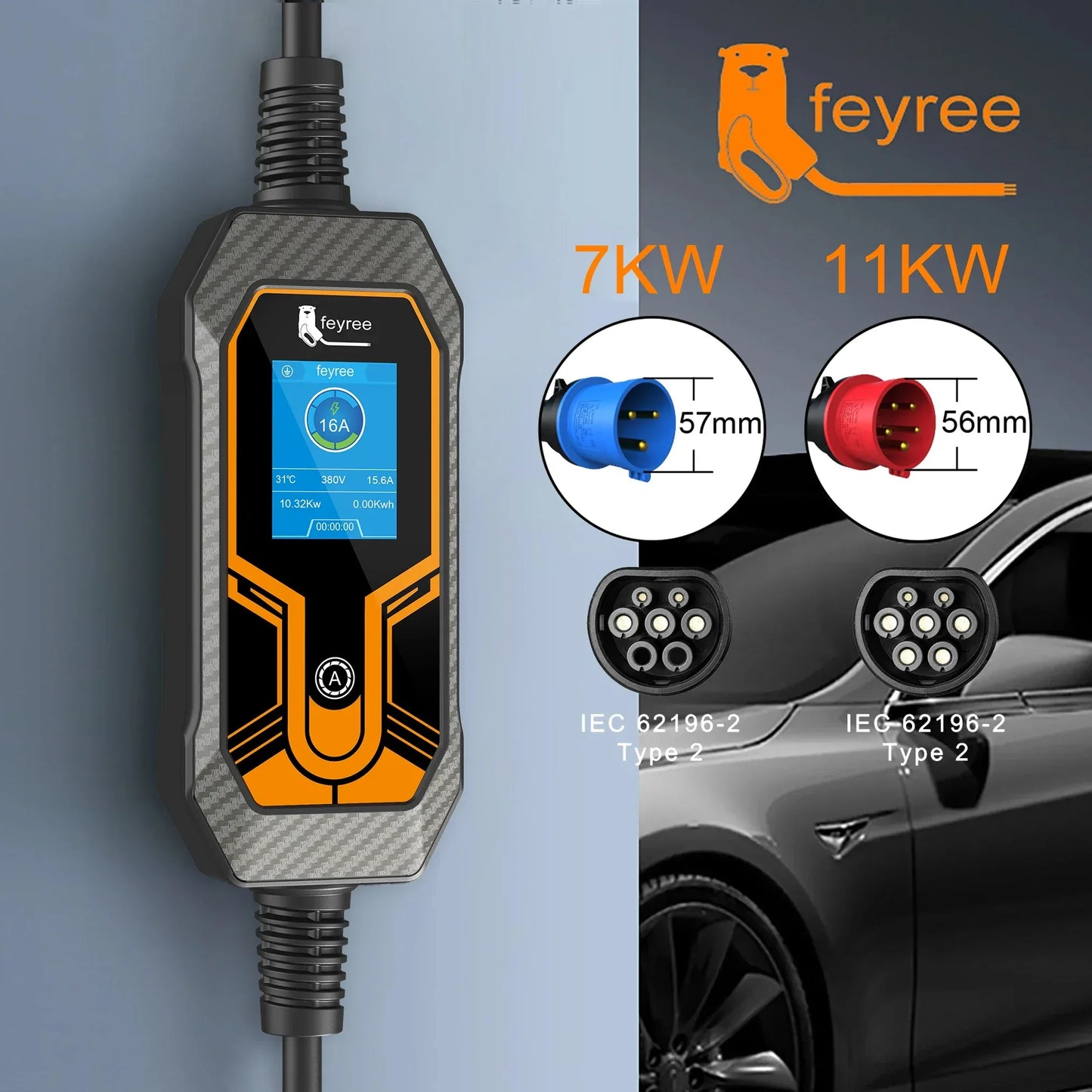 feyree 32A 7KW Type2 EV Portable Charger 3.5KW 16A 1Phase EVSE Charging Box 11KW 16A 3Phase Car Charger for Electric Vehicle