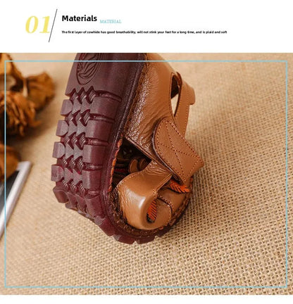 New 2025 Ladies Flat Sandals Soft Leather Anti-Slip Bottom Ethnic Style Comfortable Soft Surface Design for Elderly People