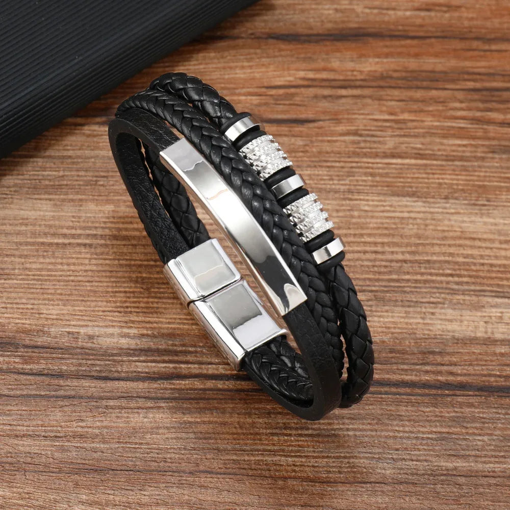 Custom Name To My Son Fashionable Titanium Steel CreativeLeather Woven BraceletWith Gift Box For Son  Birthday Christmas Gift