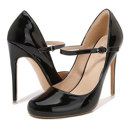 Women Patent Leather High Thin Heel Shoes Ankle Strap Women Pumps for Office Nightclub Party Wedding Cross Dressing Wide Shoes