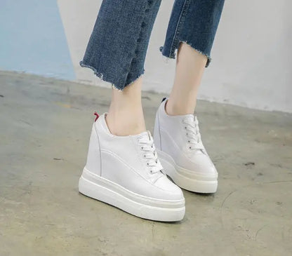 Genuine leather 10cm Increase Flat Platform Shoes Female Thick Sole Students Casual Shoes Woman  Lace Up Solid   Women Shoes