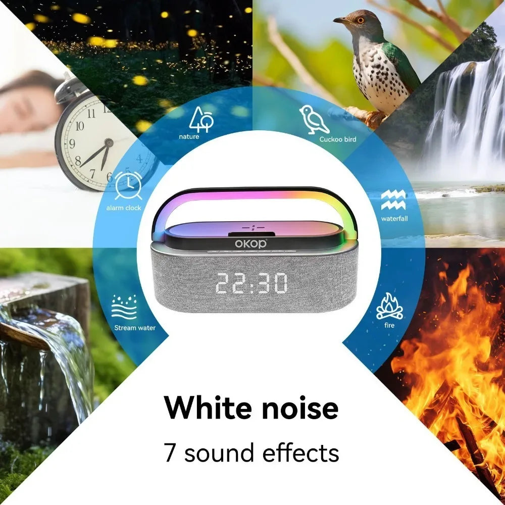OKOP Bluetooth Speakers,6 in 1 Multi-function,Alarm Clock, Wireless Charger RGB Night Light , Audio,portable Speaker,White Noise