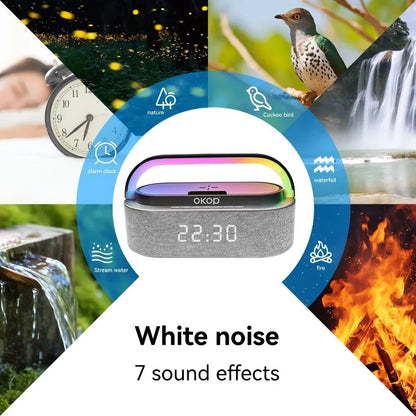 OKOP Bluetooth Speakers,6 in 1 Multi-function,Alarm Clock, Wireless Charger RGB Night Light , Audio,portable Speaker,White Noise