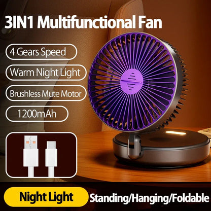 New 5000mAh Rechargeable 3IN1 Multifunctional Portable Fan Wall Mounted Fan 90° Folding Fan 4 Gears With Warm Night Light