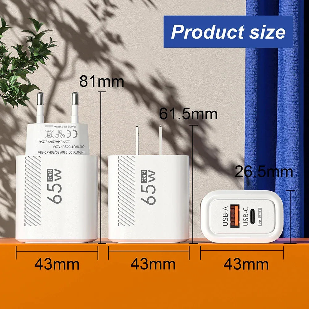 65W GaN USB C Fast Charger QC3.0 EU/US Plug Phone Charger Adapter For iPhone Samsung Xiaomi Quick Charging Type C Wall Charger